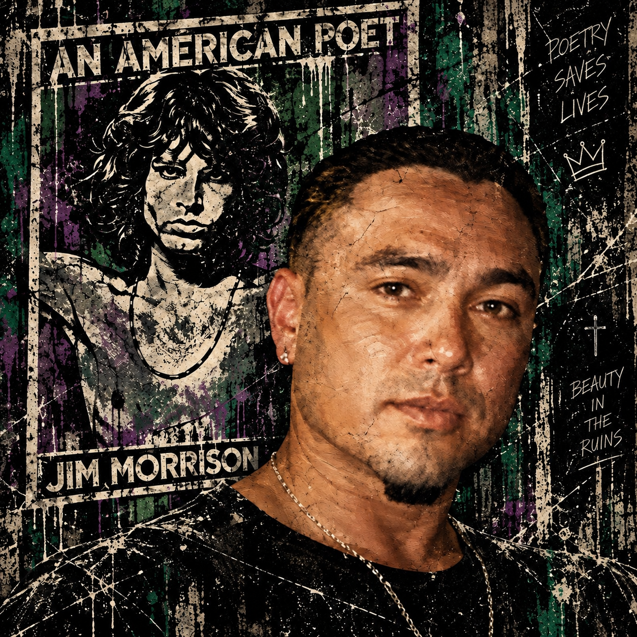 Chachi Matooch in front of a Jim Morrison poster, in distressed emerald, obsidian, and aged bone