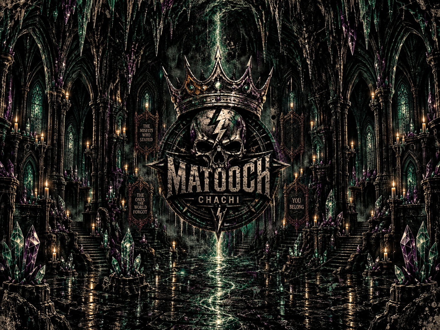 Chachi Matooch crowned skull artwork in obsidian black, deep green, aged bone, and restrained purple
