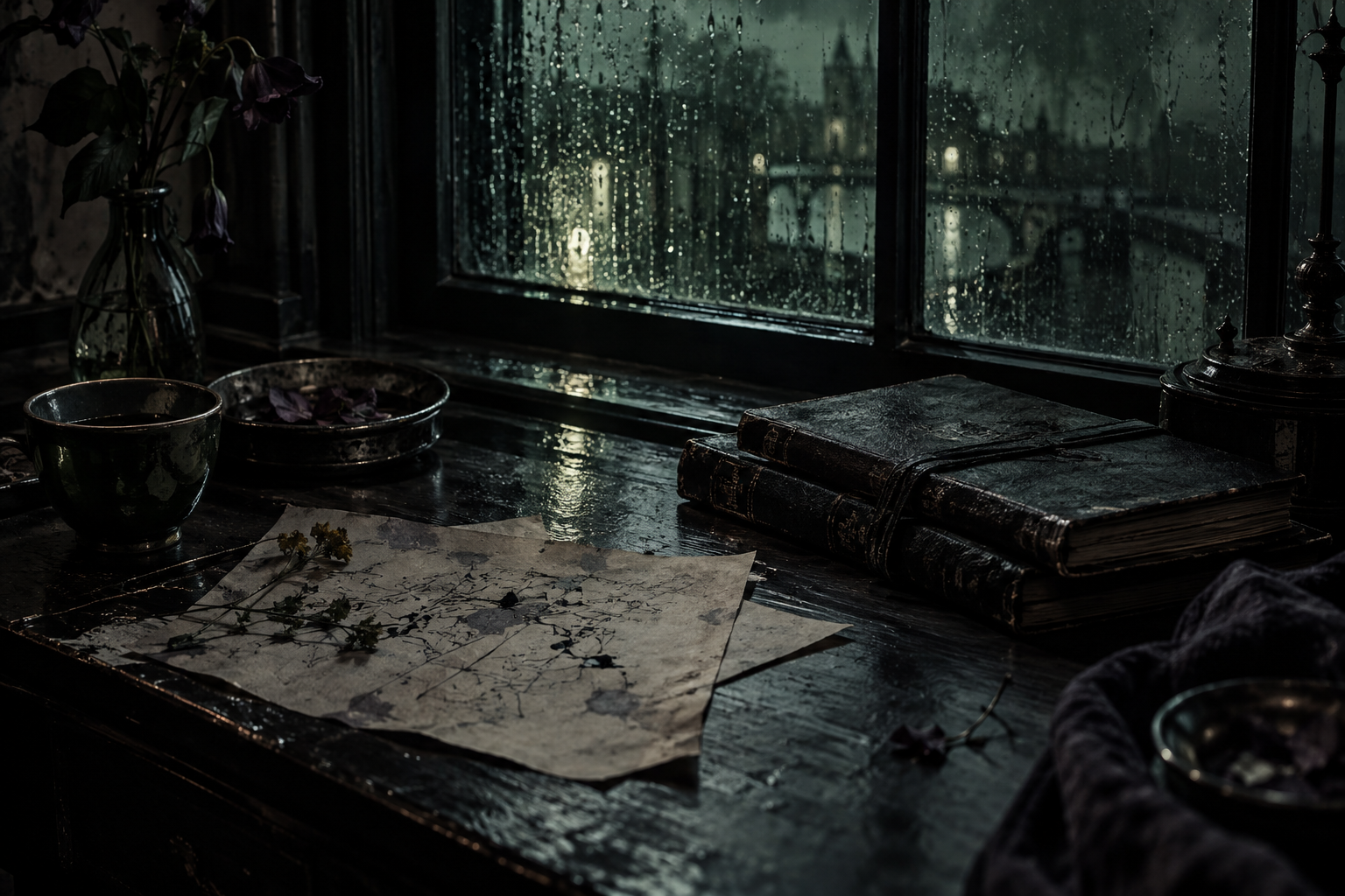 Worn paper and notebooks beside a rain-streaked window in emerald light