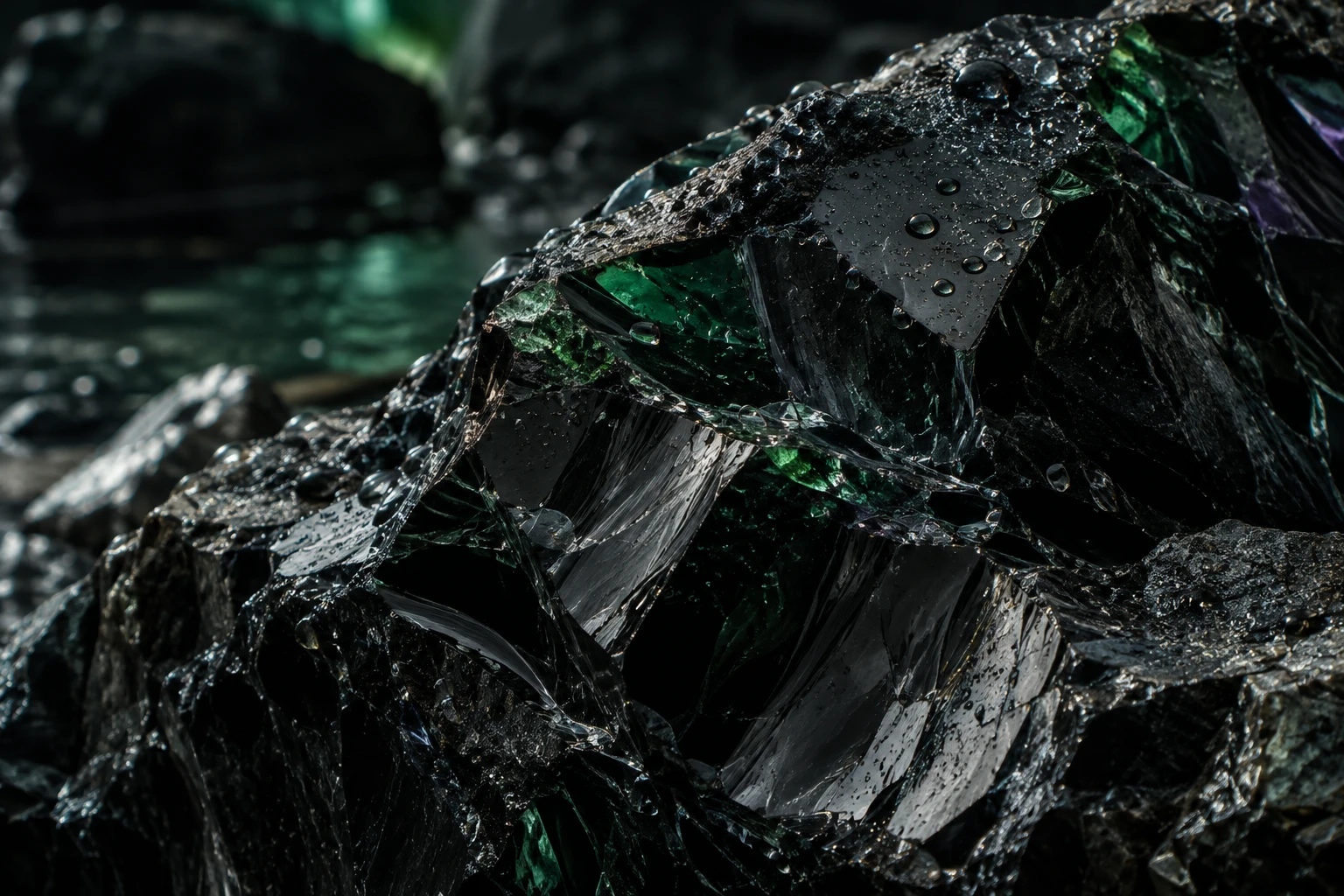 Water on fractured black stone and weathered metal, reflecting emerald and a trace of violet