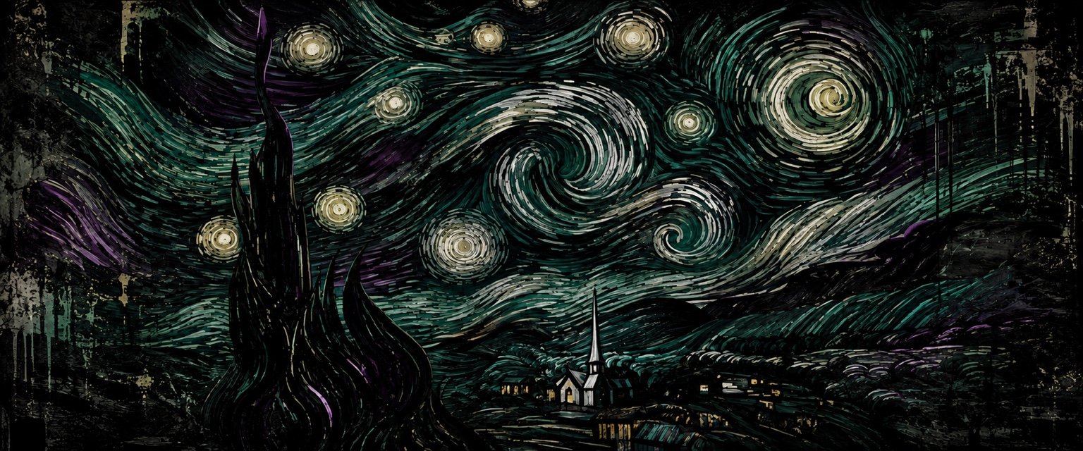 Starry Night artwork with swirling emerald and silver stars above a dark village, with traces of violet