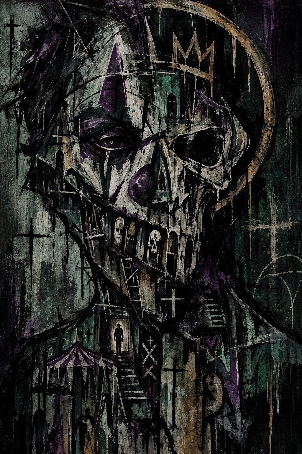 Layered portrait and skull artwork with doorways and silhouettes in distressed green, silver, and violet