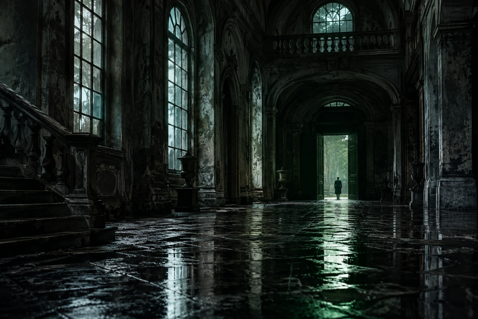 An open doorway beyond a dark worn interior